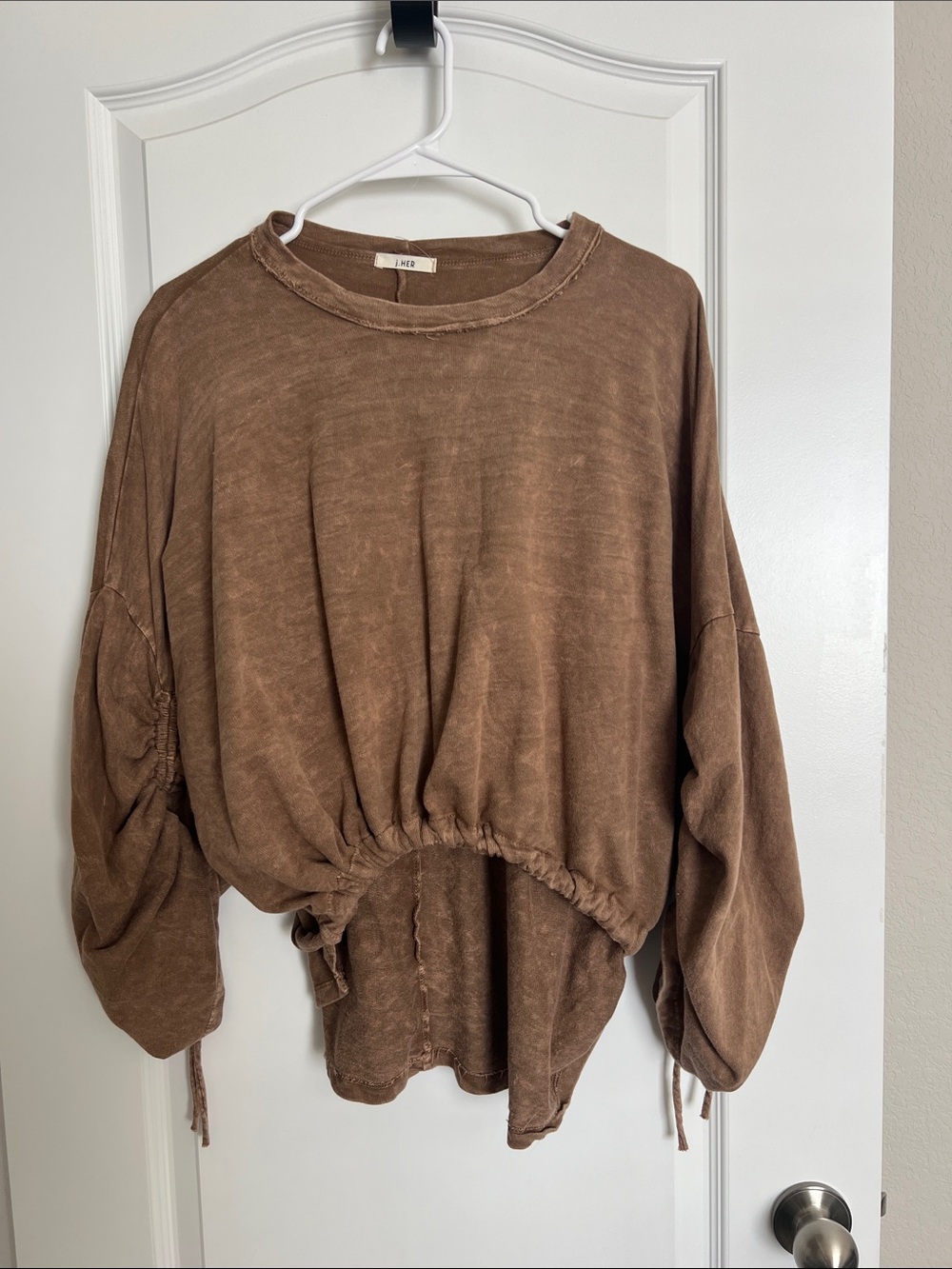 Washed Brown Drawstring Pullover Sweatshirt